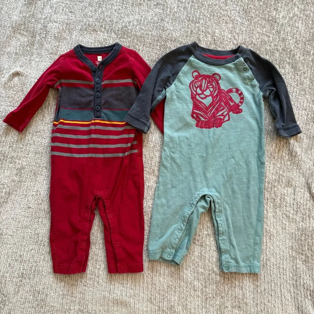 Tea Collection Baby Rompers 3–6M Lot of 2 Tiger & Stripe Cotton‎ One-Piece